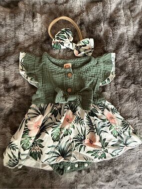 Baby Girl Sage Green Tropical Floral Romper Dress Headband Size 80